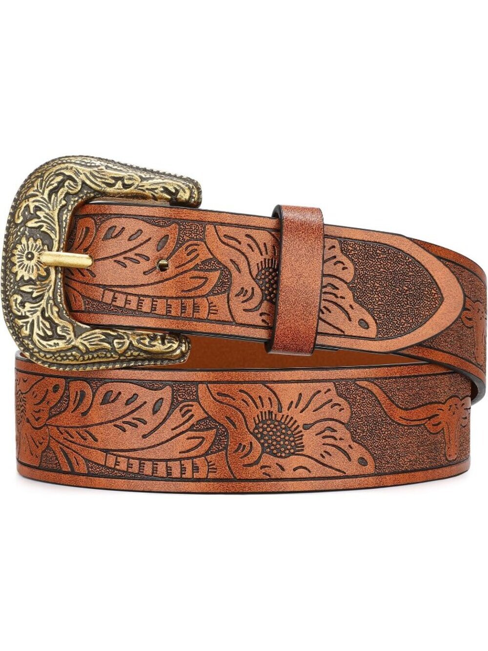 Women's Brown Faux Leather Belt Western Cowboy Vintage Engraved Buckle Belt